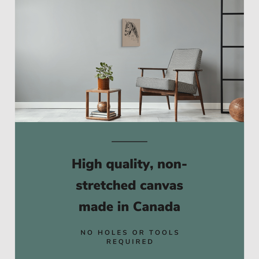 Lifestyle image of the vertical 12x18” inch easy to hang canvas wall art hung in a living room above a table and chair with graphic saying "High quality, non-stretched canvas made in Canada."
