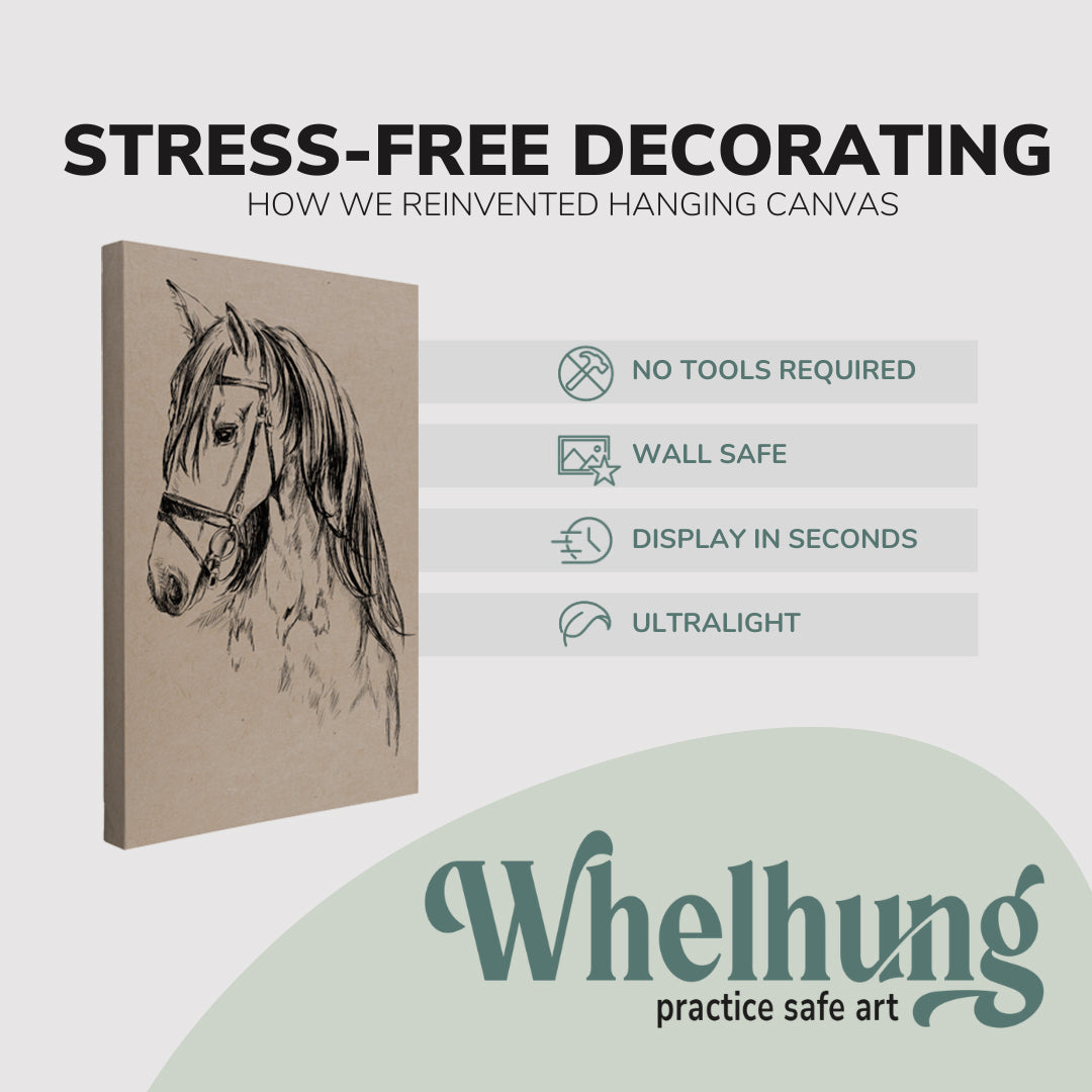 Single, 2:3 vertical easy to hang canvas print on a graphic displaying the stress-free decorating Whelhung offers, how we reinvented hanging canvas: "no tools required", "wall safe", "display in seconds" and "ultralight."
