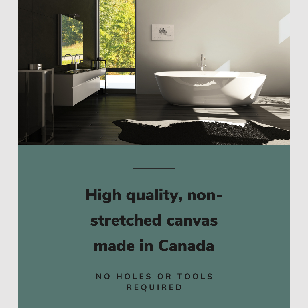 Lifestyle image of the horizontal 12x18” inch easy to hang canvas wall art hung in a western styled bathroom above a bathtub with graphic saying "High quality, non-stretched canvas made in Canada."