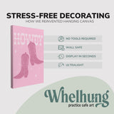 Single, 2:3 vertical easy to hang canvas print on a graphic displaying the stress-free decorating Whelhung offers, how we reinvented hanging canvas: "no tools required", "wall safe", "display in seconds" and "ultralight."