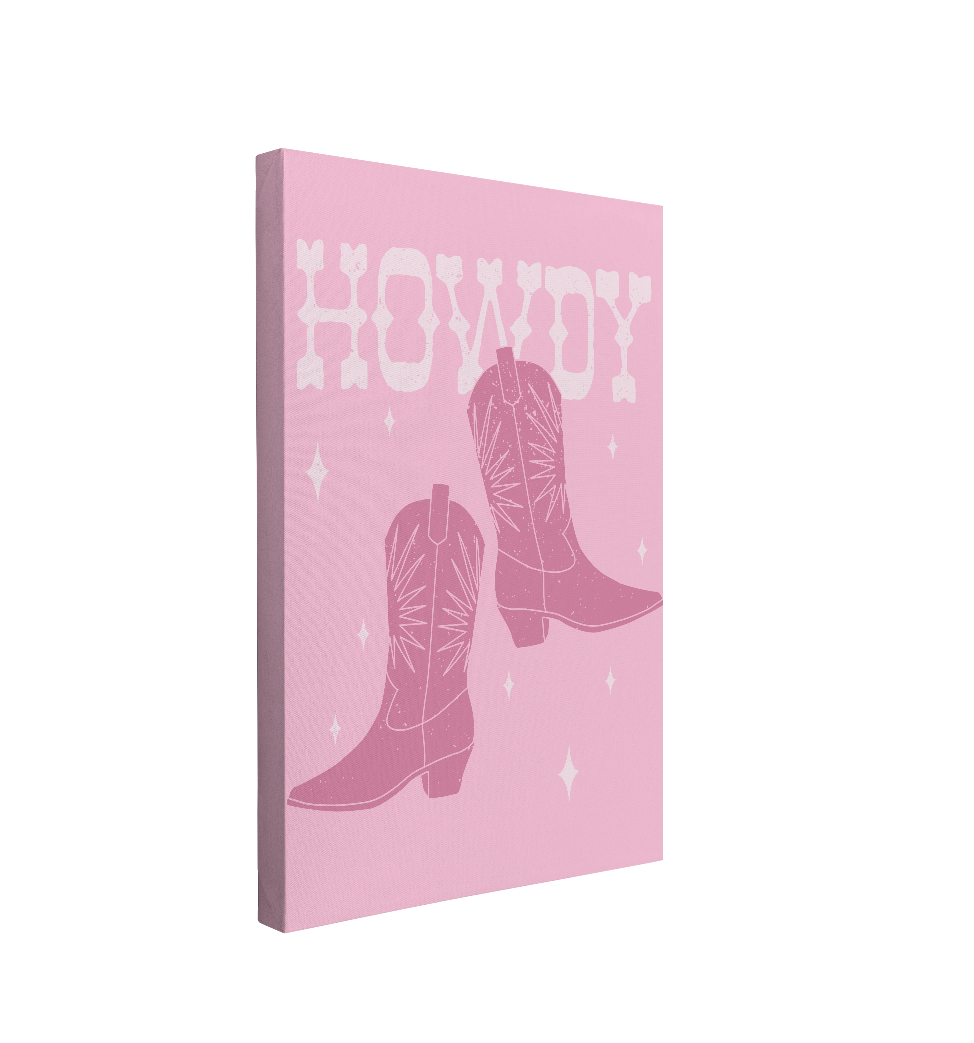 Single, 2:3 vertical easy to hang canvas print on a transparent background featuring an image of dark pink cowboy boots with "Howdy" written in a white western font behind the boots with white sparkles on a light pink background. 