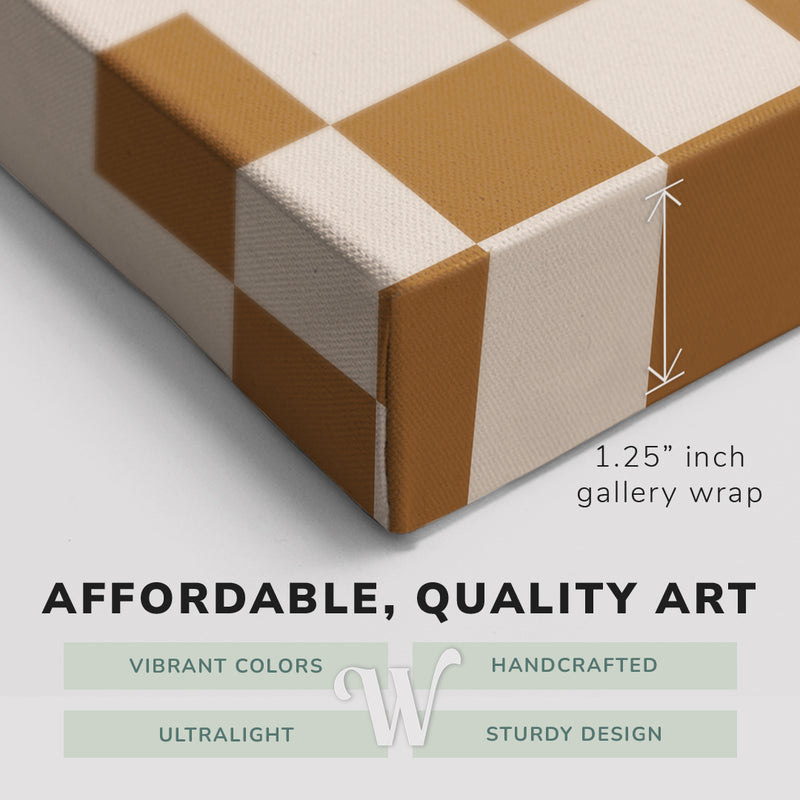 Corner shot of a Whelhung easy to hang canvas print showing the 1.25” inch gallery wrap thickness and graphic saying "Affordable, Quality Art", "Vibrant Colors", "Handcrafted", "Ultralight" and "Sturdy Design."