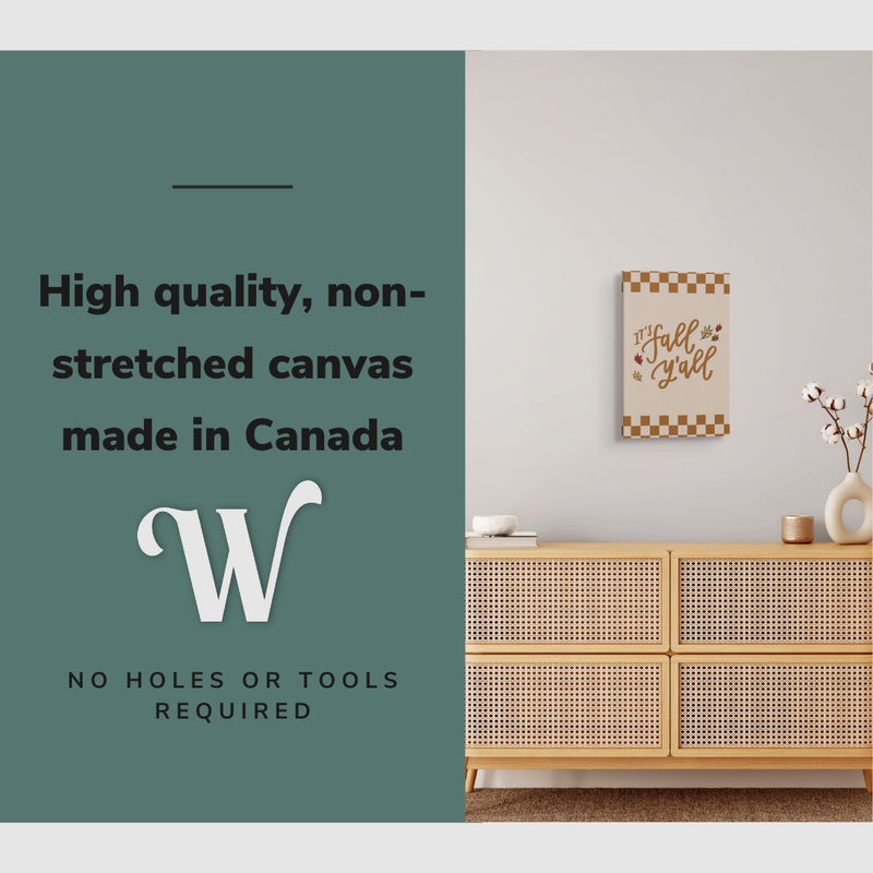 Lifestyle image of the vertical 12x18” inch easy to hang canvas wall art hung in a living room above a credenza with graphic saying "High quality, non-stretched canvas made in Canada."