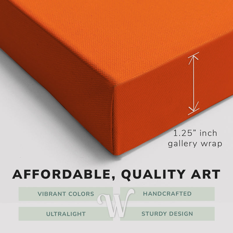 Corner shot of a Whelhung easy to hang canvas print showing the 1.25" inch gallery wrap thickness and graphic saying "Affordable, Quality Art", "Vibrant Colors", "Handcrafted", "Ultralight" and "Sturdy Design."