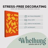 Single 2:3 ratio, vertical easy to hang canvas prints on a graphic displaying the stress-free decorating Whelhung offers, how we reinvented hanging canvas: "no tools required", "wall safe", "display in seconds" and "ultralight."