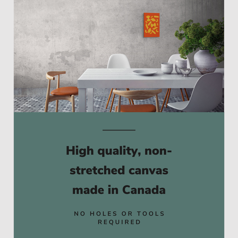 Lifestyle image of the vertical, 12x18" inch easy to hang canvas wall art hung in dining room above the table with graphic saying "High quality, non-stretched canvas made in Canada"