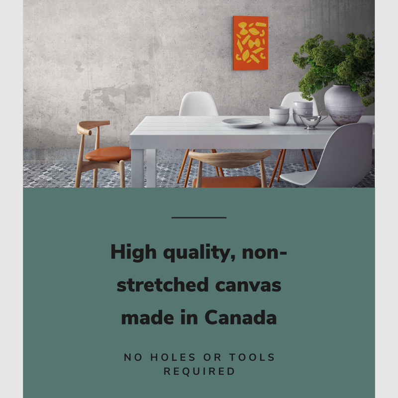 Lifestyle image of the vertical, 16x24" inch easy to hang canvas wall art hung in dining room above the table with graphic saying "High quality, non-stretched canvas made in Canada"