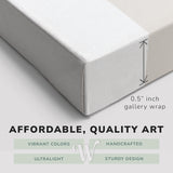 Corner shot of a Whelhung easy to hang canvas print showing the 0.5" inch gallery wrap thickness and saying "Affordable, Quality Art", "Vibrant Colors", "Handcrafted", "Ultralight" and "Sturdy Design"