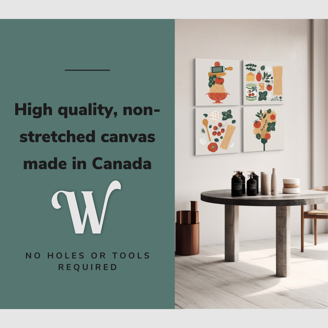 Lifestyle image of the four panel 20x20" easy to hang canvas wall art hung in a dining room with font saying "High quality, non-stretched canvas made in Canada"