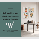 Lifestyle image of the four panel 20x20" easy to hang canvas wall art hung in a dining room with font saying "High quality, non-stretched canvas made in Canada"