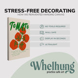 Single 2:3 ratio, vertical easy to hang canvas prints on a graphic displaying the stress-free decorating Whelhung offers, how we reinvented hanging canvas: "no tools required", "wall safe", "display in seconds" and "ultralight." 