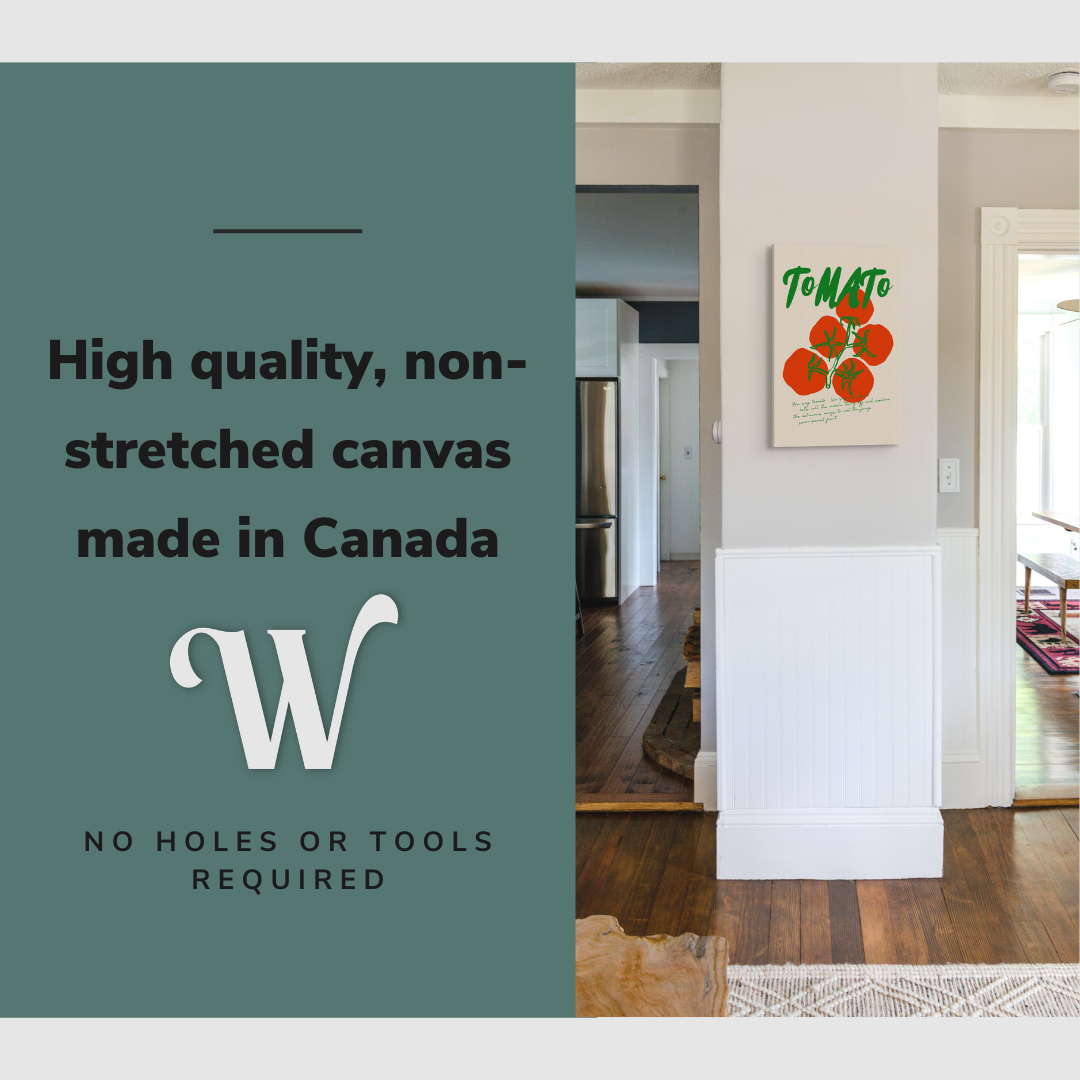 Lifestyle image of the vertical, 16x24" inch easy to hang canvas wall art hung in a living room overlooking a kitchen and dining room with graphic saying "High quality, non-stretched canvas made in Canada"