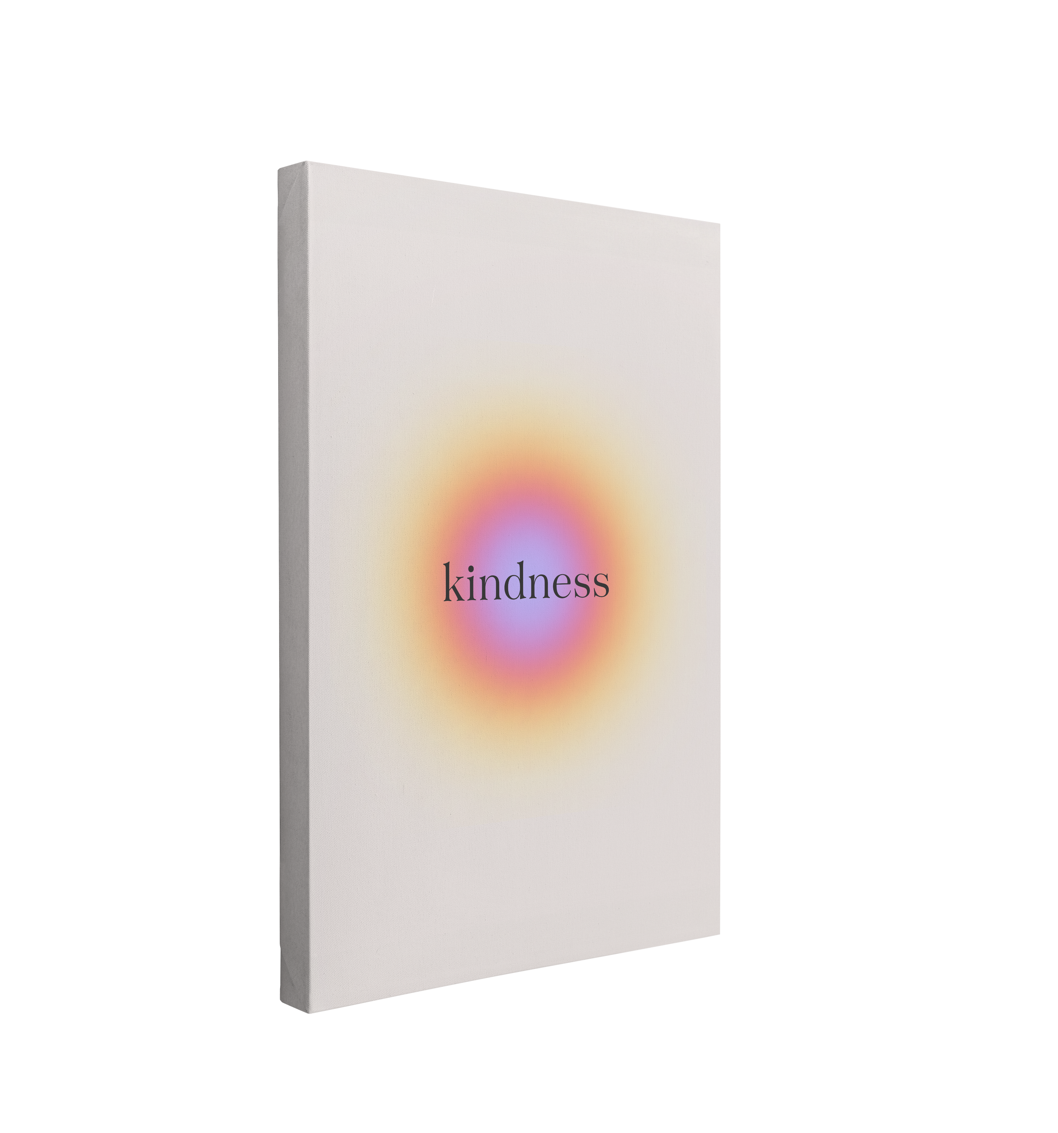 single, 2:3 vertical easy to hang canvas print on a transparent background featuring an image of a small gradient circle starting at a blue-purple in the middle and transitioning to an orange and yellow on a light beige background with the word, "Kindness" written on it in black. 