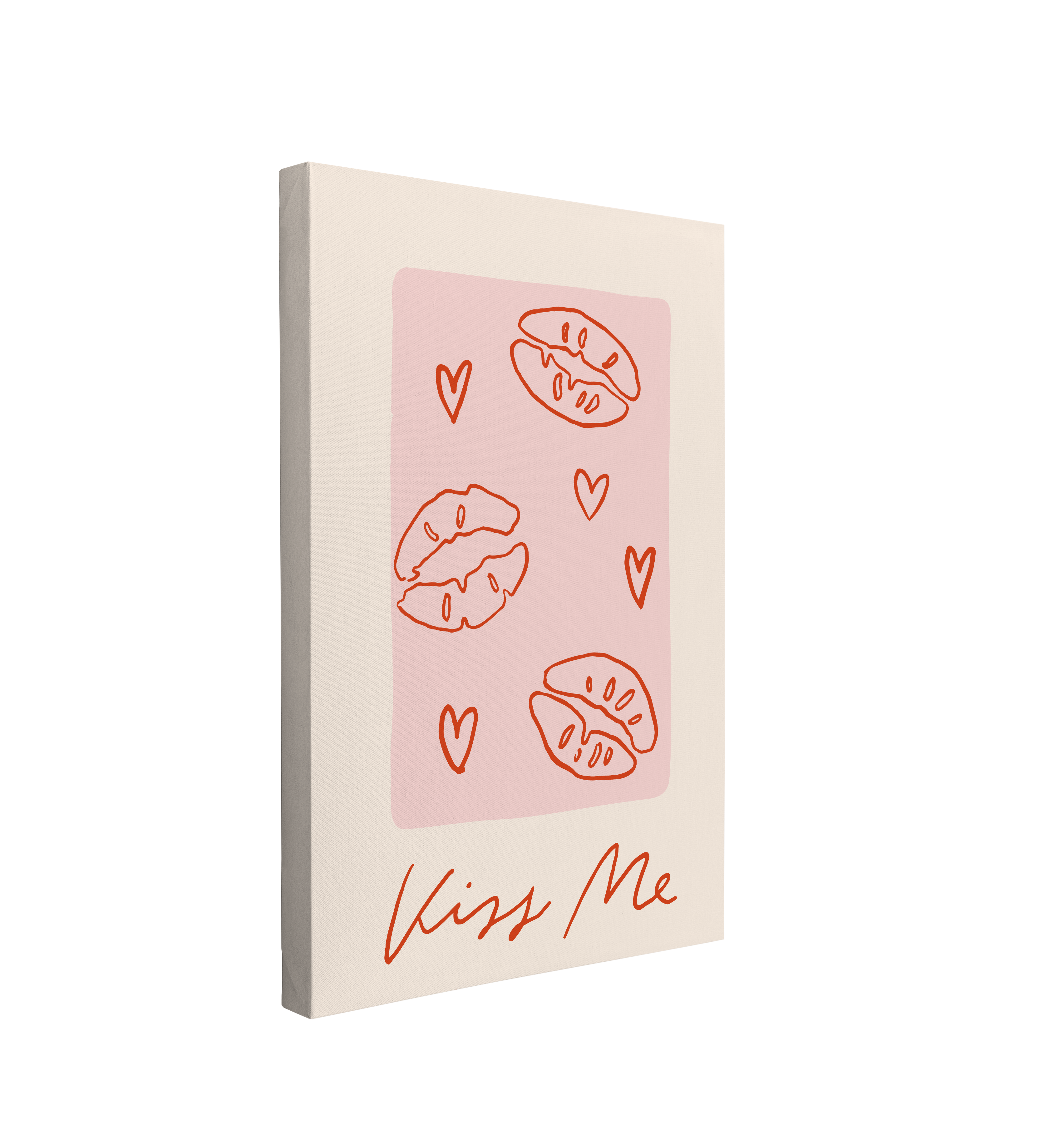 single, 2:3 vertical easy to hang canvas print on a transparent background featuring an image of lip stick stains in red with hearts on a pink and beige background with red cursive font, "kiss me"