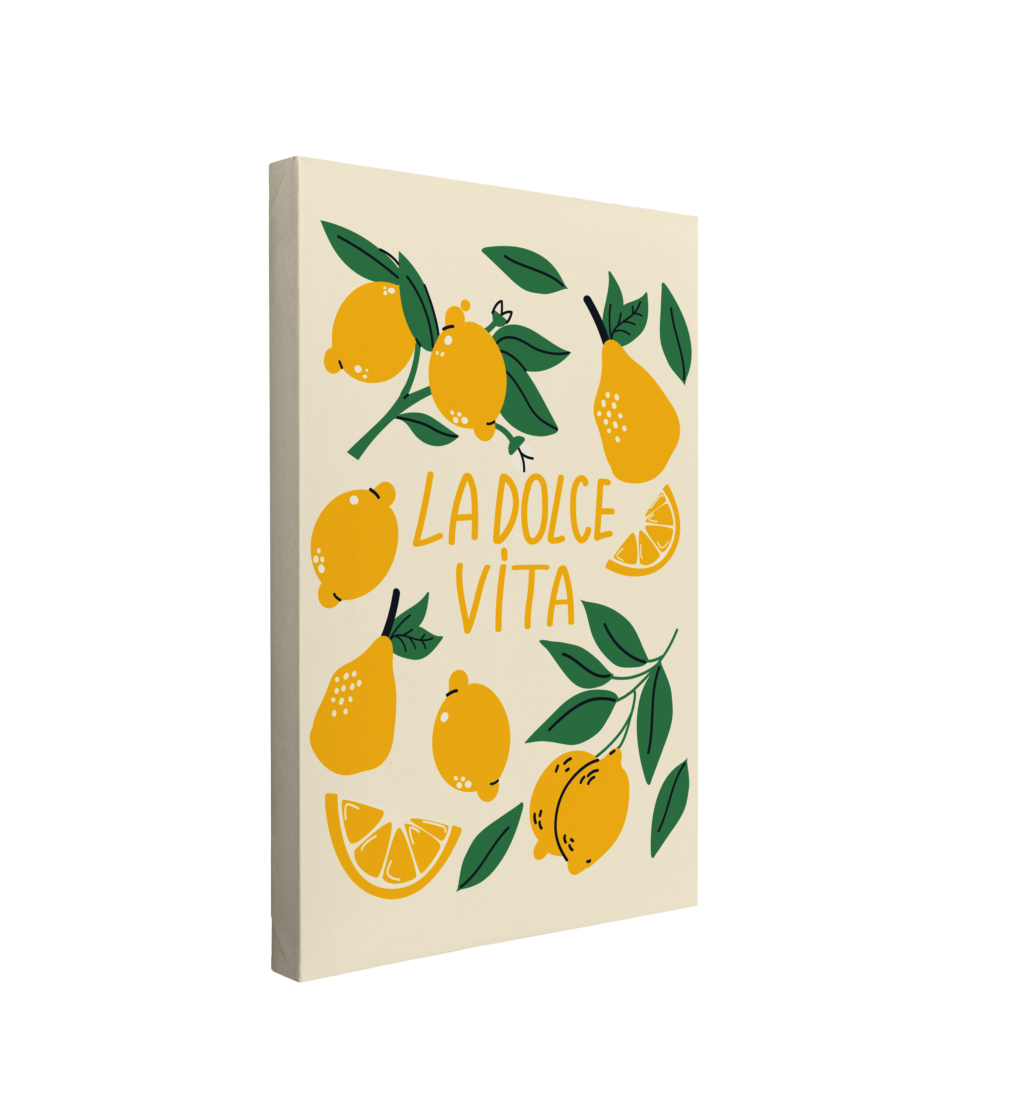 Single, 2:3 ratio vertical easy to hang canvas prints on a transparent background featuring an image of a graphic of a bunch of yellow lemons with green leaves on a light yellow background with "La Dolce Vita" written in the middle with a fun yellow font