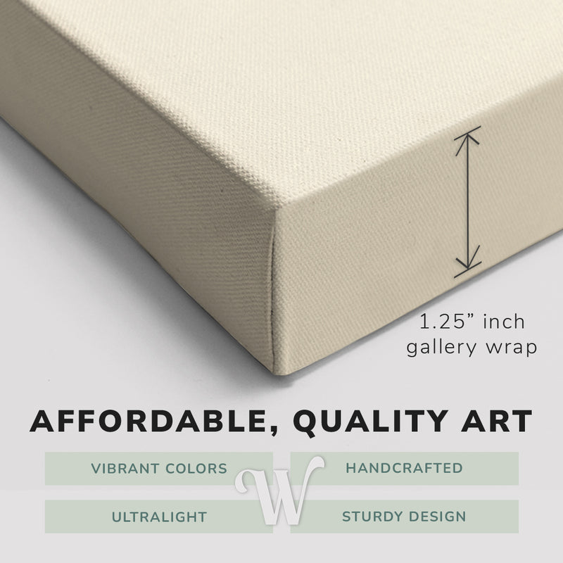 Corner shot of a Whelhung easy to hang canvas print showing the 1.25" inch gallery wrap thickness and graphic saying "Affordable, Quality Art", "Vibrant Colors", "Handcrafted", "Ultralight" and "Sturdy Design."