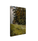 single, 2:3 vertical easy to hang canvas print on a transparent background featuring an image of a painted, green edge of a dark forest bordering a wildflower meadow