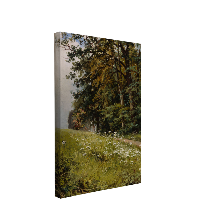 single, 2:3 vertical easy to hang canvas print on a transparent background featuring an image of a painted, green edge of a dark forest bordering a wildflower meadow