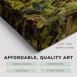 Corner shot of a Whelhung easy to hang canvas print showing the 1.25" inch gallery wrap thickness and graphic saying "Affordable, Quality Art", "Vibrant Colors", "Handcrafted", "Ultralight" and "Sturdy Design."