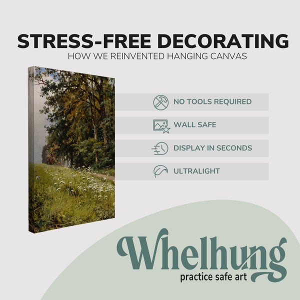 single, 2:3 vertical easy to hang canvas print on a graphic displaying the stress-free decorating Whelhung offers, how we reinvented hanging canvas: "no tools required", "wall safe"", "display in seconds" and "ultralight."