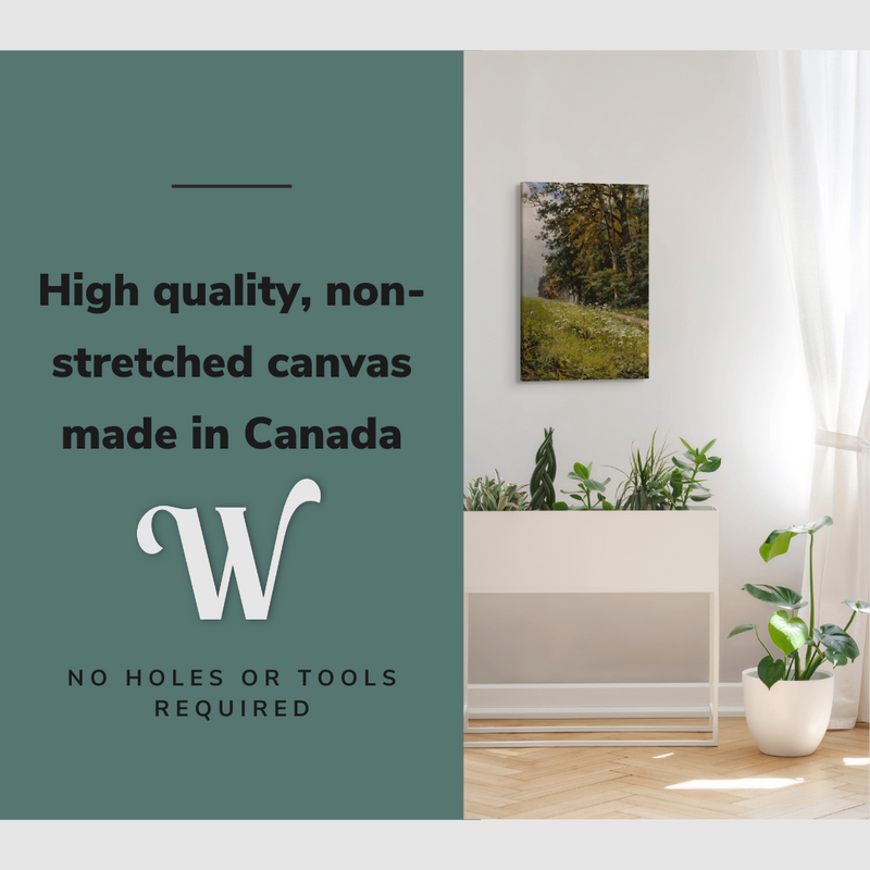 Lifestyle image of the vertical, 20x30 inch easy to hang canvas wall art hung in a hallway above a planter with graphic saying "High quality, non-stretched canvas made in Canada"