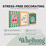 Set of 3, 2:3 ratio vertical easy to hang canvas prints on a graphic displaying the stress-free decorating Whelhung offers, how we reinvented hanging canvas: "no tools required", "wall safe", "display in seconds" and "ultralight."