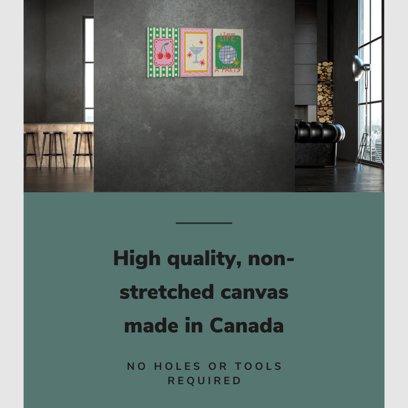 Lifestyle image of the vertical, 24x48" inch easy to hang canvas wall art hung in a living room overlooking a bar with graphic saying "High quality, non-stretched canvas made in Canada"