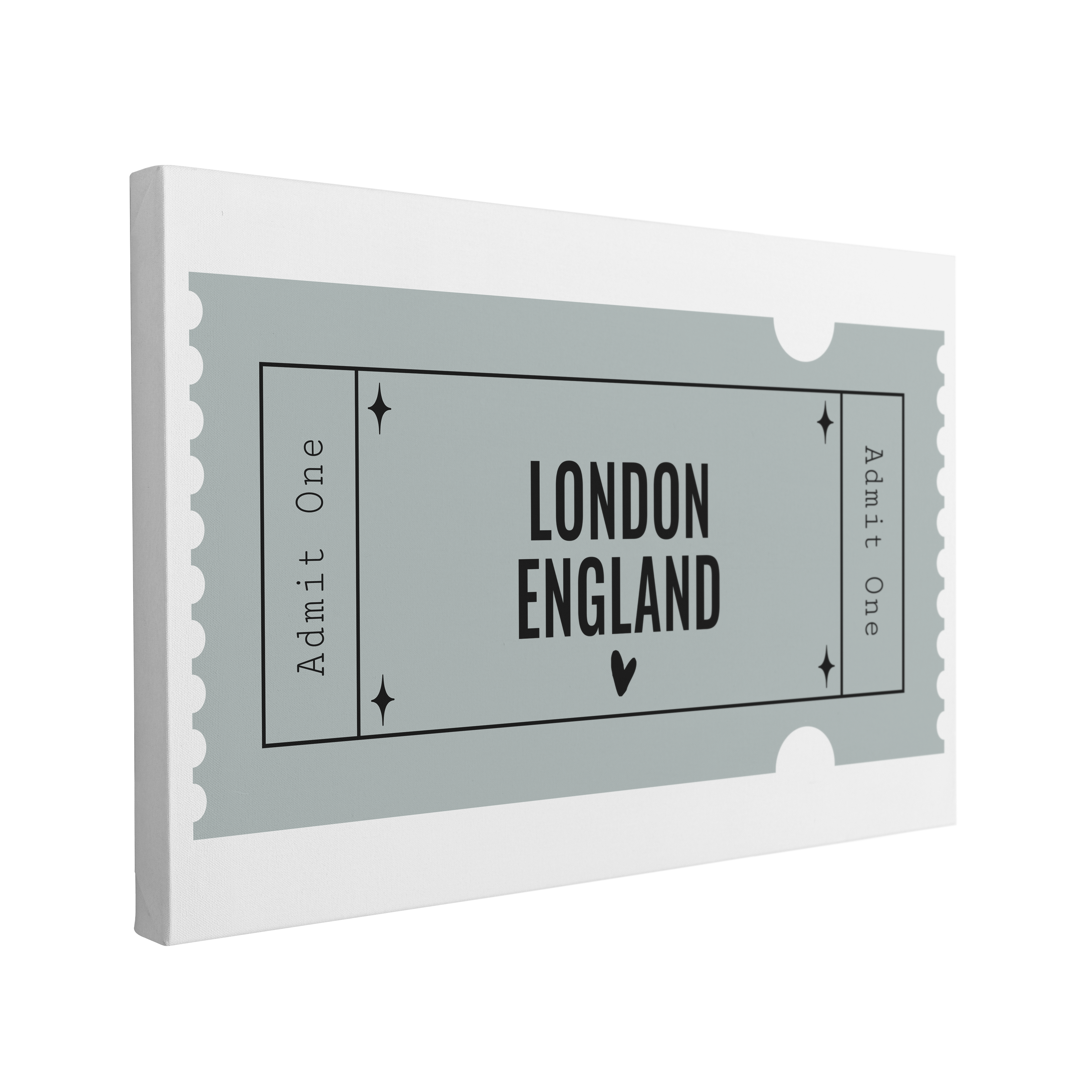 Single, 2:3 horizontal easy to hang canvas print on a transparent background featuring an image of a blue graphic of an Admit One ticket with black words, "London, England"