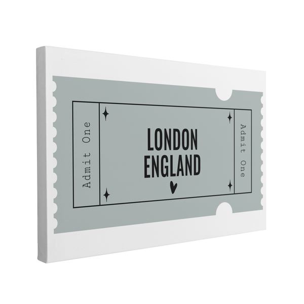 Single, 2:3 horizontal easy to hang canvas print on a transparent background featuring an image of a blue graphic of an Admit One ticket with black words, "London, England"