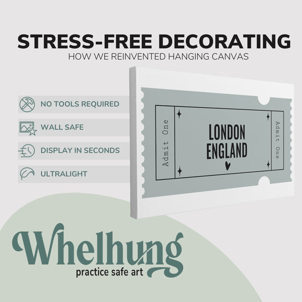 Single, 2:3 horizontal easy to hang canvas print on a graphic displaying the stress-free decorating Whelhung offers, how we reinvented hanging canvas: "no tools required", "wall safe", "display in seconds" and "ultralight."