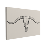 Single, 2:3 horizontal easy to hang canvas print on a transparent background featuring an image of a minimalist etching sketch of a longhorn cow skull in black and white