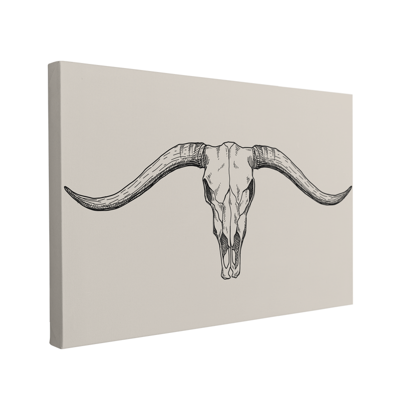 Single, 2:3 horizontal easy to hang canvas print on a transparent background featuring an image of a minimalist etching sketch of a longhorn cow skull in black and white