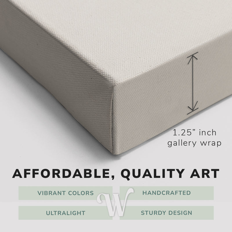 Corner shot of a Whelhung easy to hang canvas print showing the 1.25” inch gallery wrap thickness and graphic saying "Affordable, Quality Art", "Vibrant Colors", "Handcrafted", "Ultralight" and "Sturdy Design."