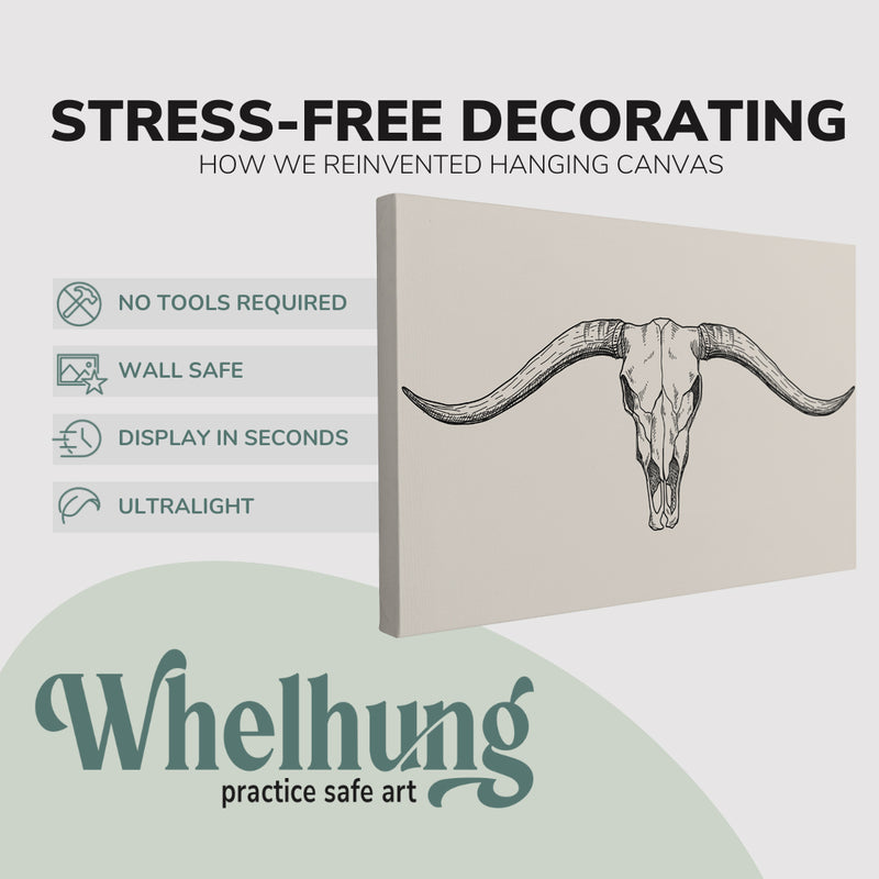 Single, 2:3 horizontal easy to hang canvas print on a graphic displaying the stress-free decorating Whelhung offers, how we reinvented hanging canvas: "no tools required", "wall safe", "display in seconds" and "ultralight."