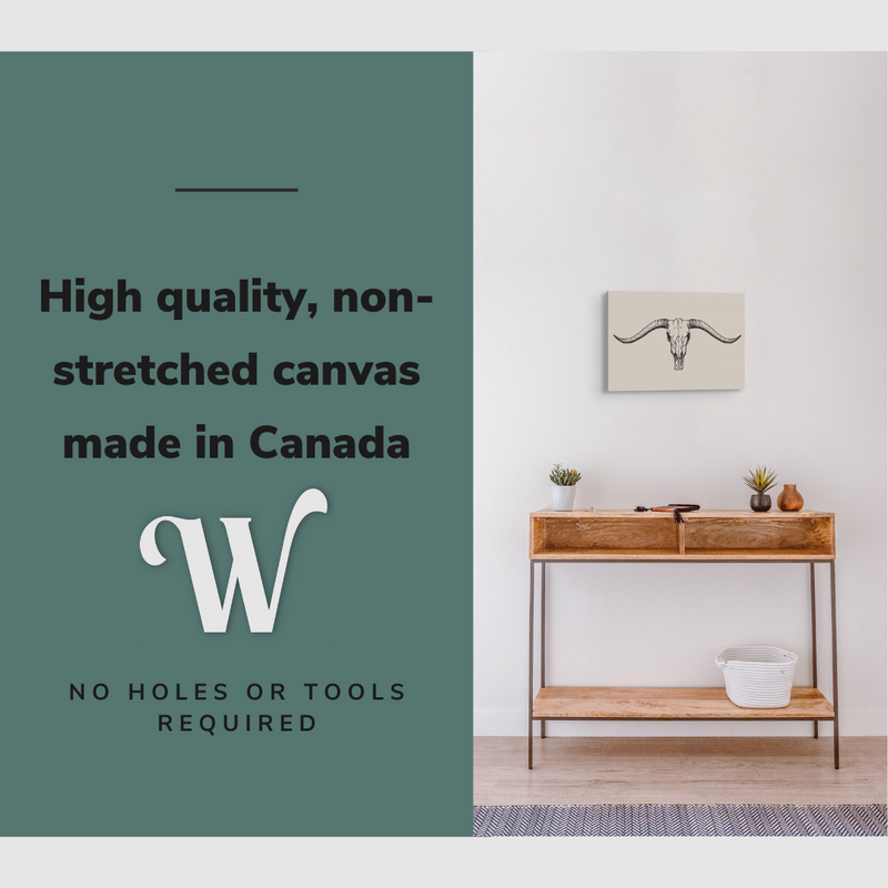 Lifestyle image of the horizontal 12x18” inch easy to hang canvas wall art hung in “room description” with graphic saying "High quality, non-stretched canvas made in Canada."