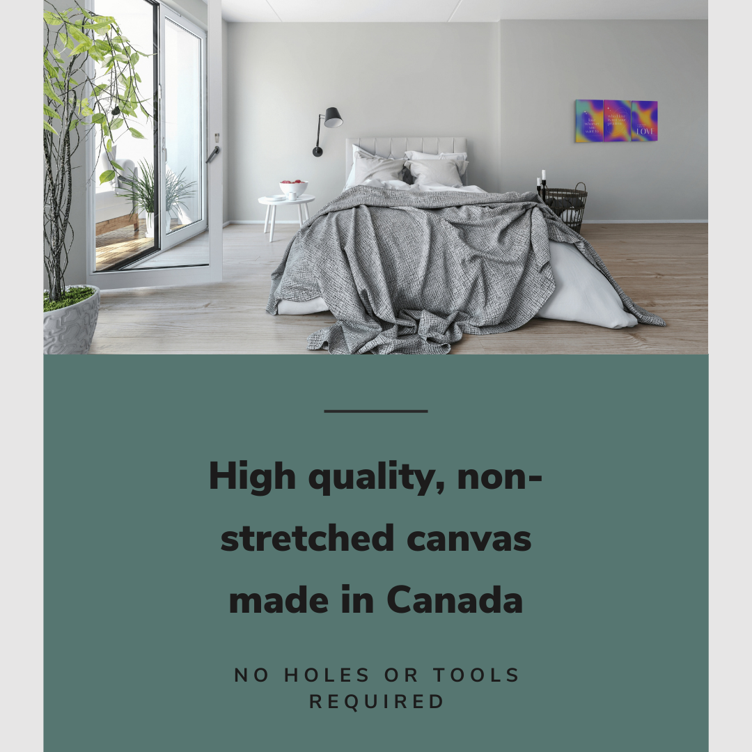 Lifestyle image of the vertical, 18x36 inch easy to hang canvas wall art hung in hung in a minimalist bedroom beside a bed with graphic saying "High quality, non-stretched canvas made in Canada"