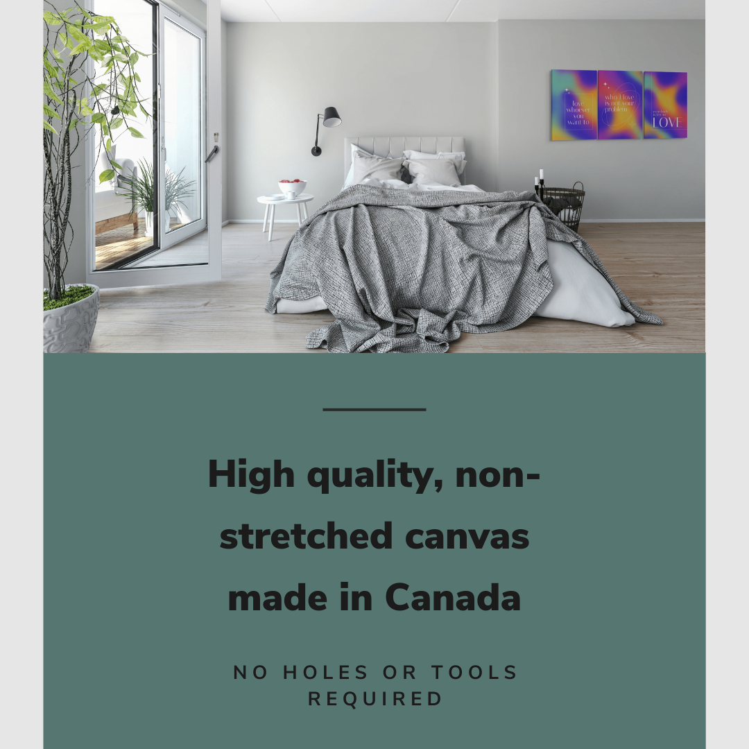 Lifestyle image of the vertical, 24x48 inch easy to hang canvas wall art hung in hung in a minimalist bedroom beside a bed with graphic saying "High quality, non-stretched canvas made in Canada"