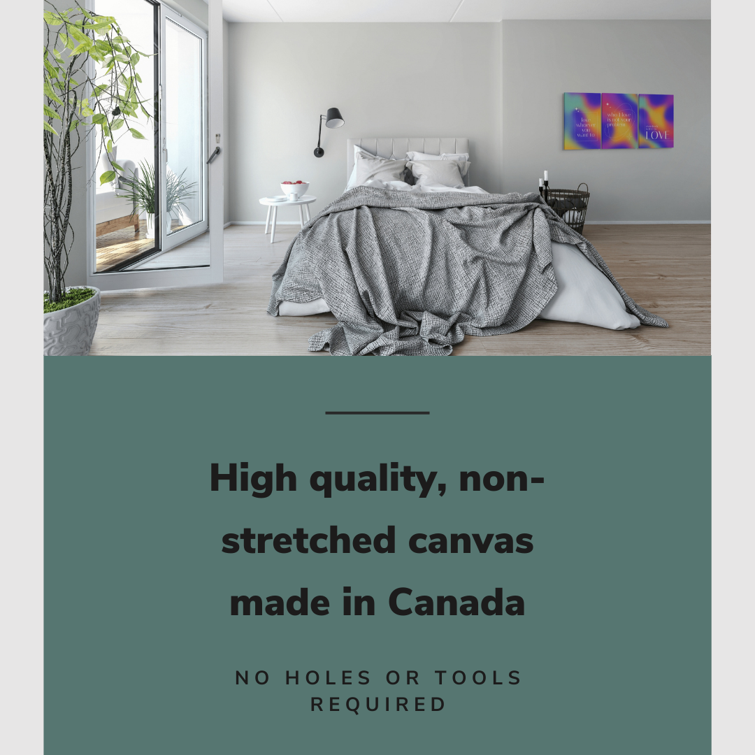 Lifestyle image of the vertical, 30x60 inch easy to hang canvas wall art hung in hung in a minimalist bedroom beside a bed with graphic saying "High quality, non-stretched canvas made in Canada"