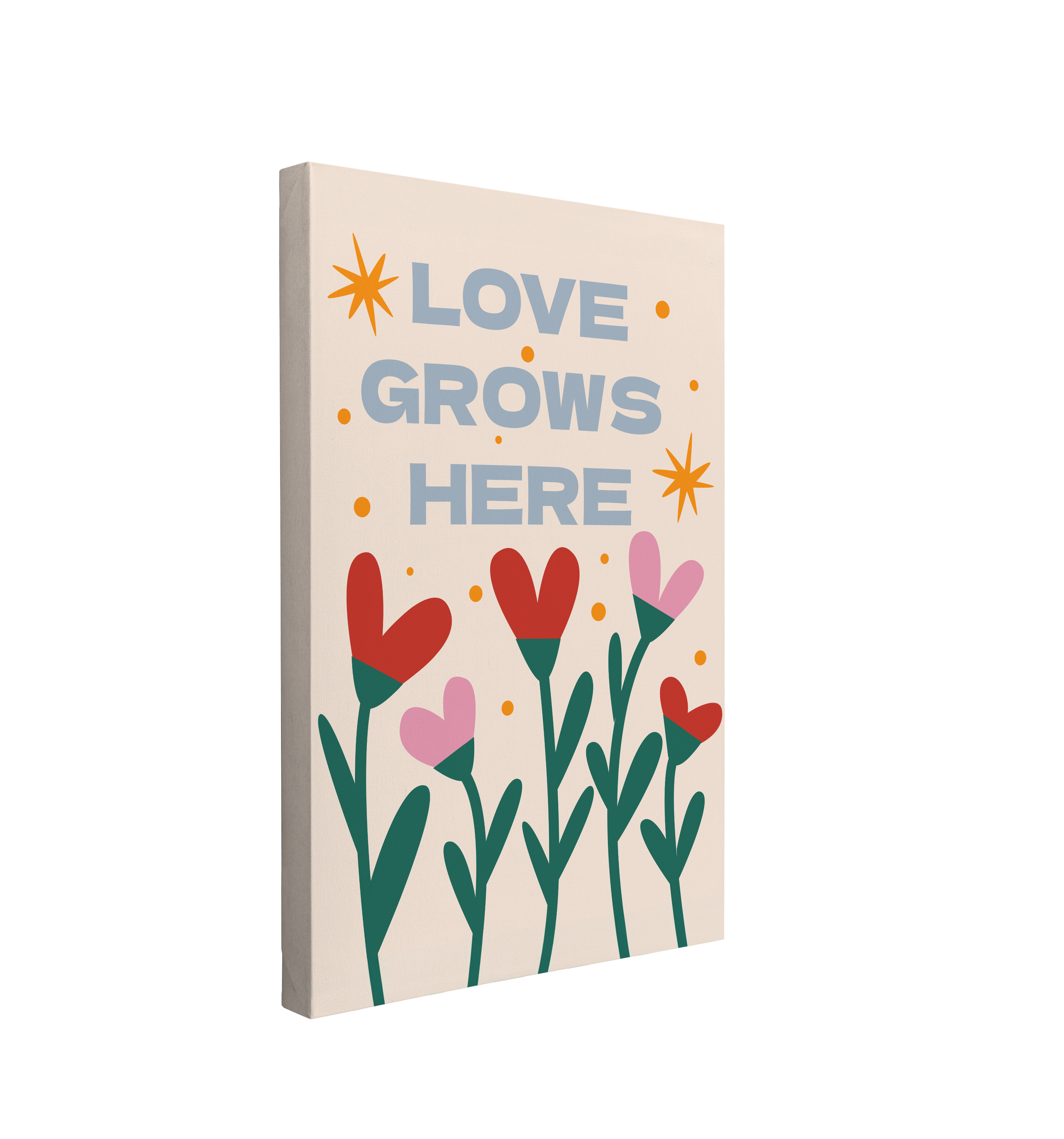 single, 2:3 vertical easy to hang canvas print on a transparent background featuring an image of minimalist red and pink tulips shaped like hearts with font above "Love Grows Here" on a beige background