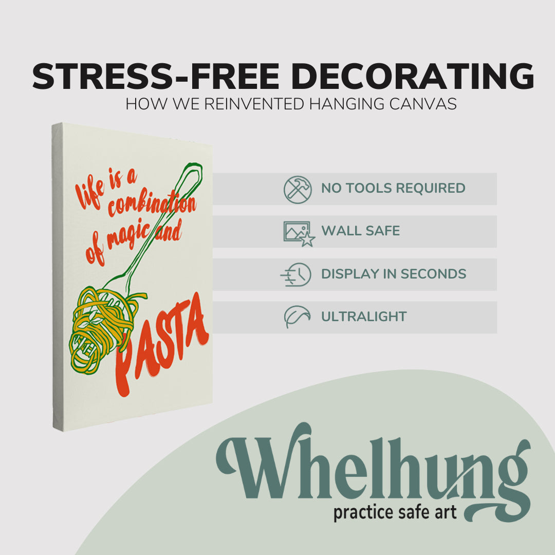 Single, 2:3 ratio vertical easy to hang canvas prints on a graphic displaying the stress-free decorating Whelhung offers, how we reinvented hanging canvas: "no tools required", "wall safe", "display in seconds" and "ultralight." 