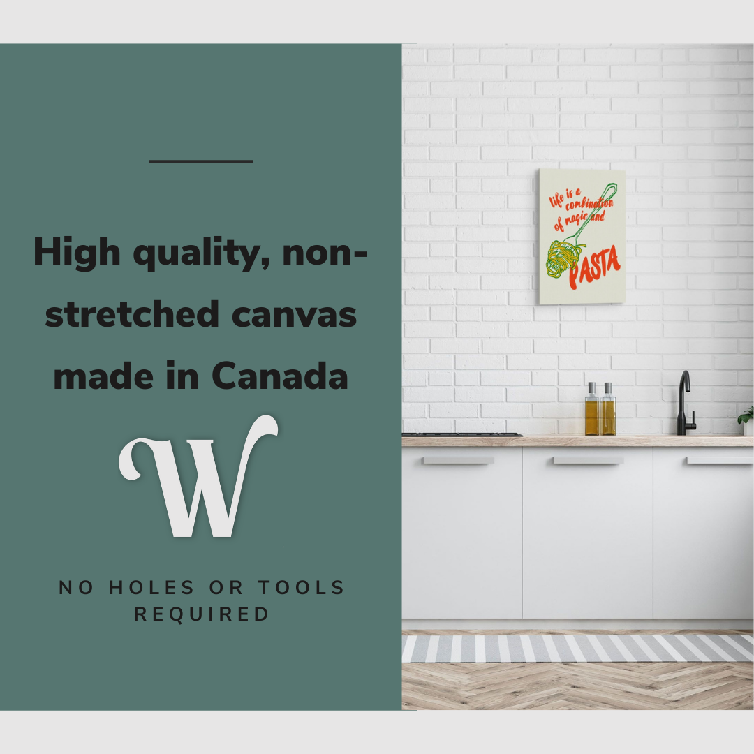 Lifestyle image of the 16x24" inch, vertical easy to hang canvas wall art hung in a kitchen above a counter and sink with graphic saying "High quality, non-stretched canvas made in Canada."