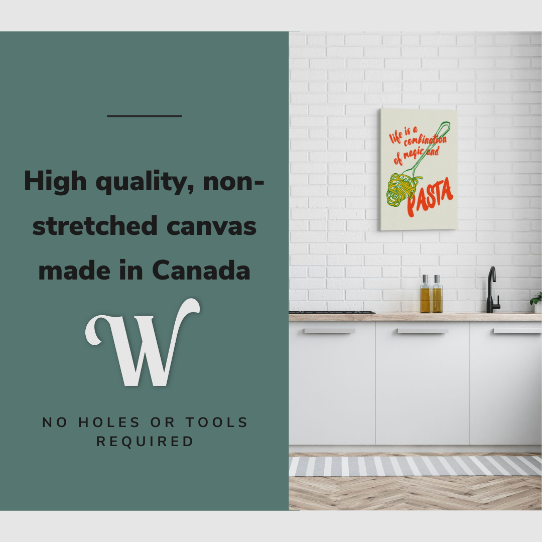 Lifestyle image of the vertical 20x30" inch easy to hang canvas wall art hung in a kitchen above a sink and counter with graphic saying "High quality, non-stretched canvas made in Canada"