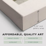 Corner shot of a Whelhung easy to hang canvas print showing the 1.25" inch gallery wrap thickness and graphic saying "Affordable, Quality Art", "Vibrant Colors", "Handcrafted", "Ultralight" and "Sturdy Design."