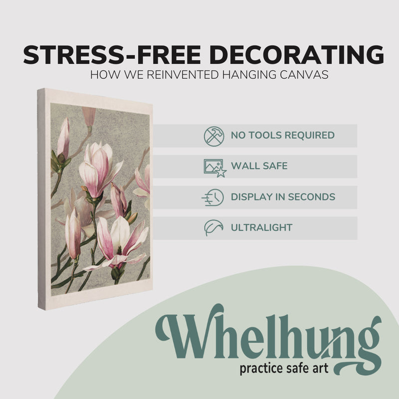 single, 2:3 vertical easy to hang canvas print on a graphic displaying the stress-free decorating Whelhung offers, how we reinvented hanging canvas: "no tools required", "wall safe"", "display in seconds" and "ultralight."