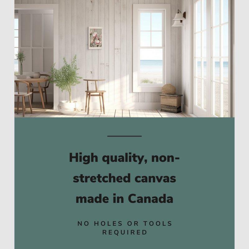 Lifestyle image of the vertical, 12x18 inch easy to hang canvas wall art hung in a coastal dining room beside the dining table and a window with graphic saying "High quality, non-stretched canvas made in Canada"