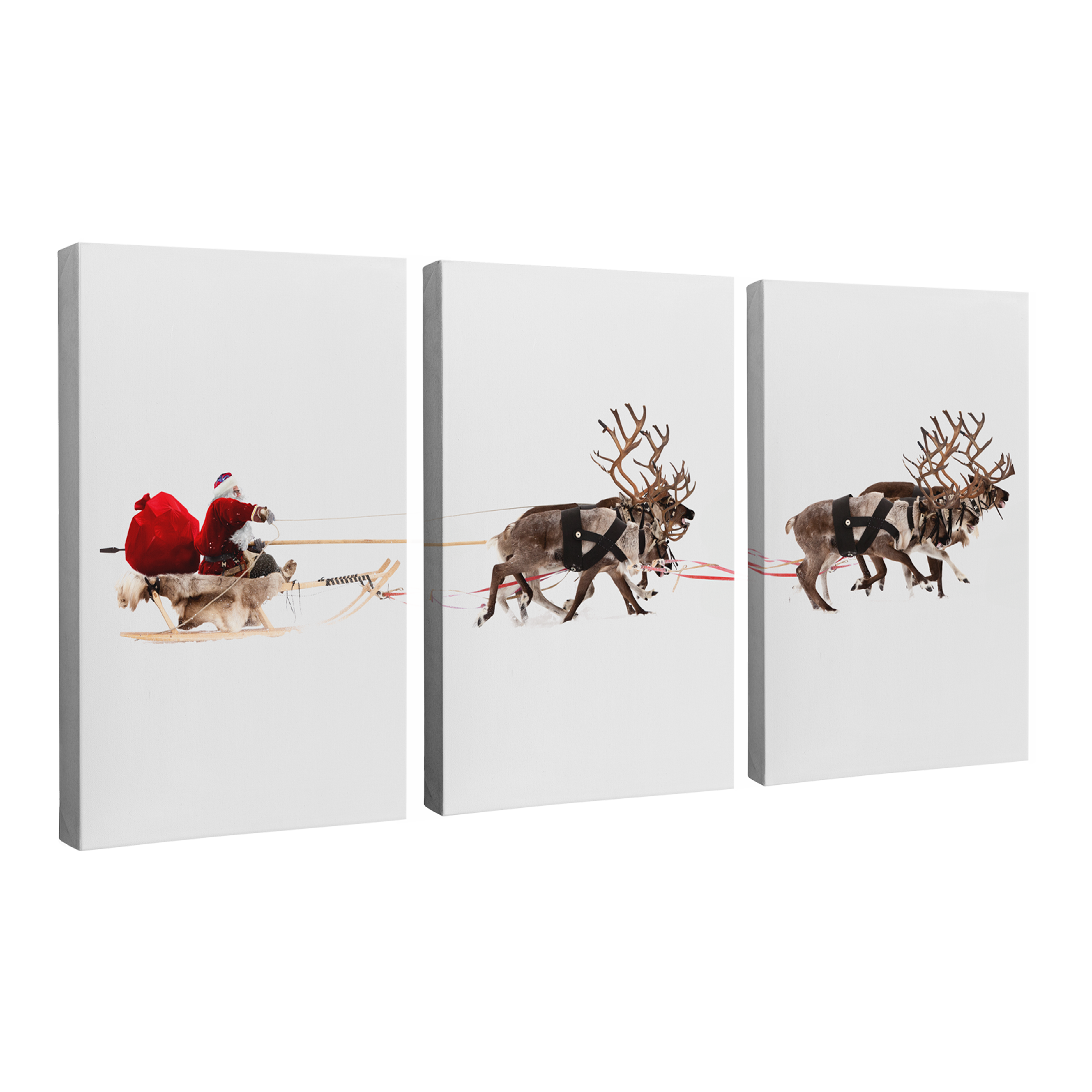 Santa's Sleigh (3 Panel) Classic Christmas Decorations - Easy to Hang Canvas Print Wall Art Décor