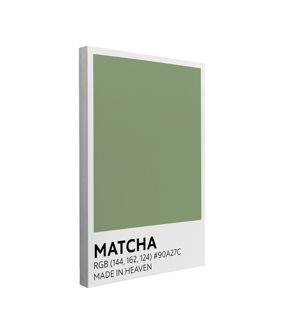 single, 2:3 vertical easy to hang canvas print on a transparent background featuring an image of a green color swatch labeled "Matcha" with the RBG code and "Made in Heaven" at the bottom