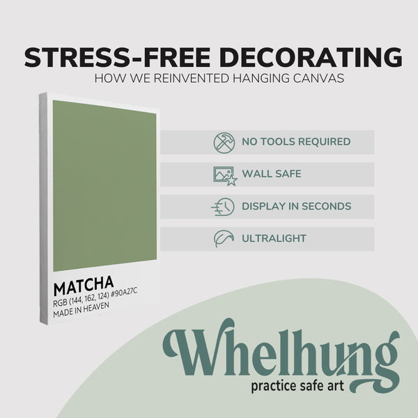 single, 2:3 vertical easy to hang canvas print on a graphic displaying the stress-free decorating Whelhung offers, how we reinvented hanging canvas: "no tools required", "wall safe"", "display in seconds" and "ultralight."