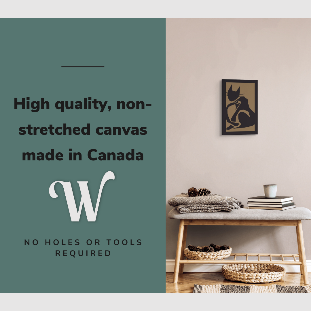 Lifestyle image of the vertical 12x18” inch easy to hang canvas wall art hung in a foyer above a bench with graphic saying "High quality, non-stretched canvas made in Canada."