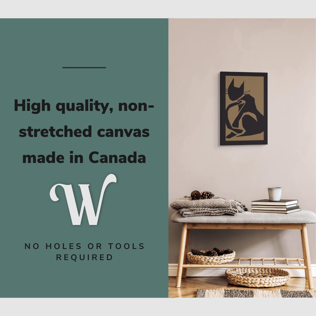 Lifestyle image of the vertical 16x24” inch easy to hang canvas wall art hung in a foyer above a bench with graphic saying "High quality, non-stretched canvas made in Canada."